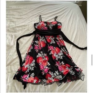 Black dress with pink and gray floral roses print